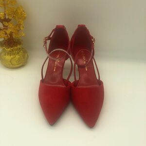 Eastanna Red Suede Fashion Pointed Toe Mid Heel With Ankle Strap